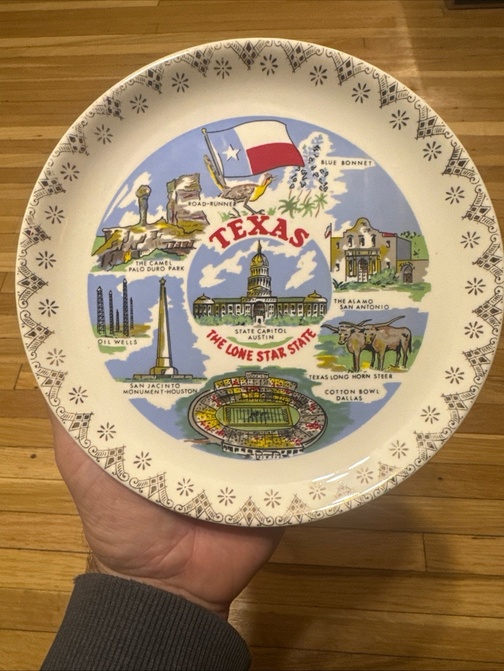 Vintage Texas State Souvenir Plate Cotton Bowl Alamo Capitol Landmark Decor